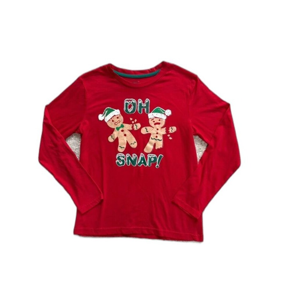 Falls Creek Boys L 10/12 Red Christmas Gingerbread Oh Snap Long Sleeve Shirt